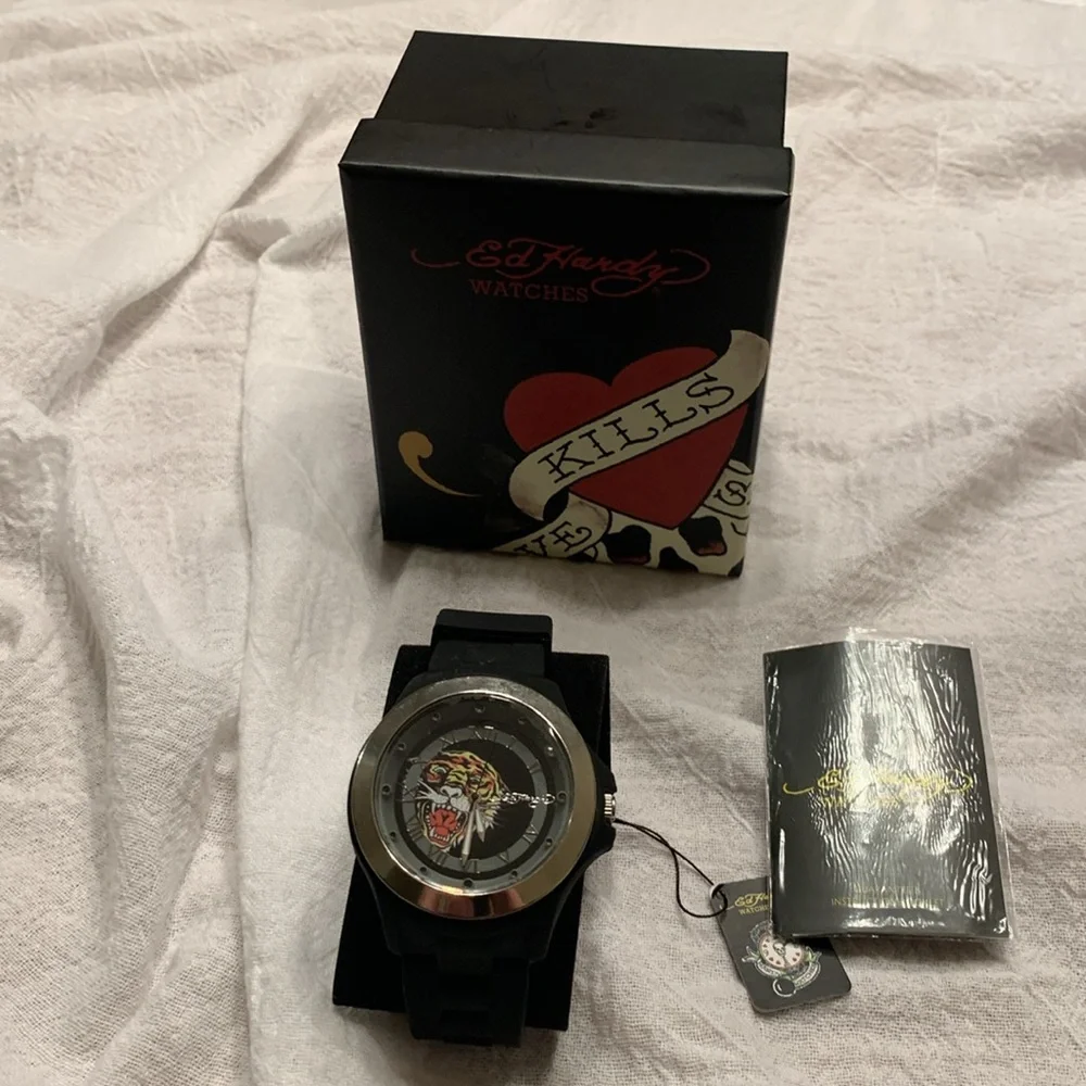 Ed Hardy Black/Silver Quartz Tiger Watch NEW Waterproof (30 meters) Measures sec